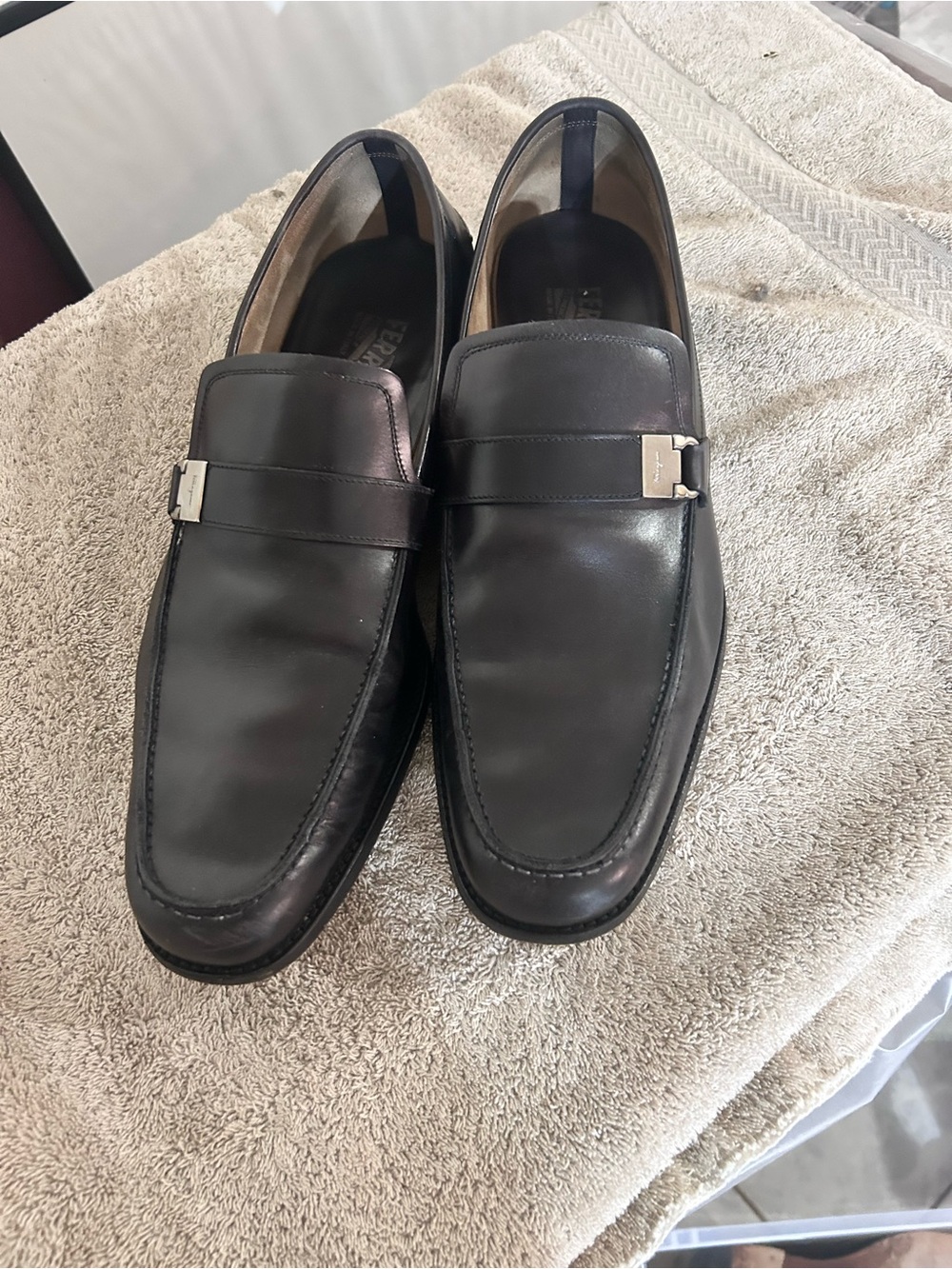 Ferragamo Men's Black Leather Penny Loafers - Designer Metal Bit Detail
